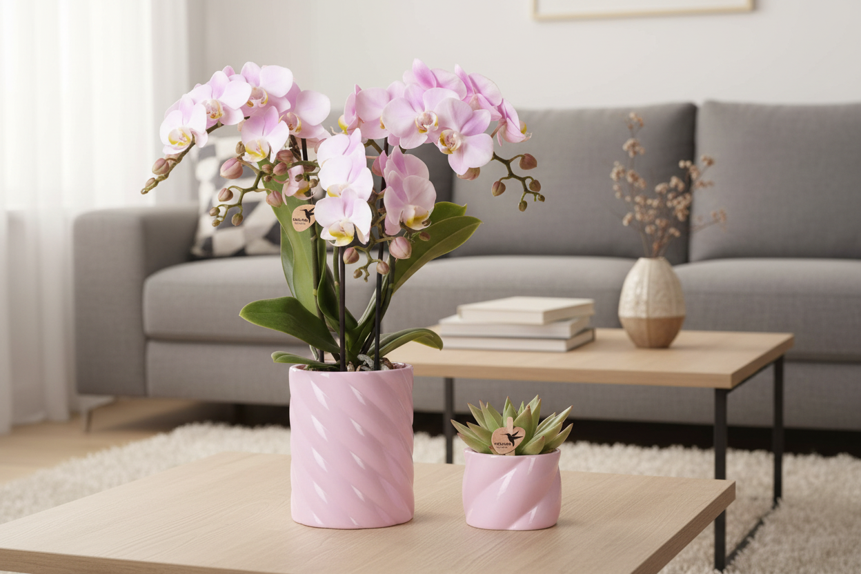 Plantenset Valentijn 'Candy' | Roze Phalaenopsis Orchidee Portugal en Succulent incl. keramieken sierpotten