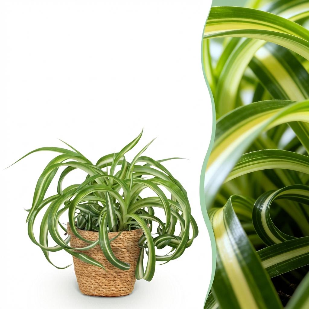 Chlorophytum comosum Bonnie - Krullende Graslelie - Huisdiervriendelijke Plant - Groen - 1 Plant - met Mand - Pot 12cm - Hoogte 20cm
