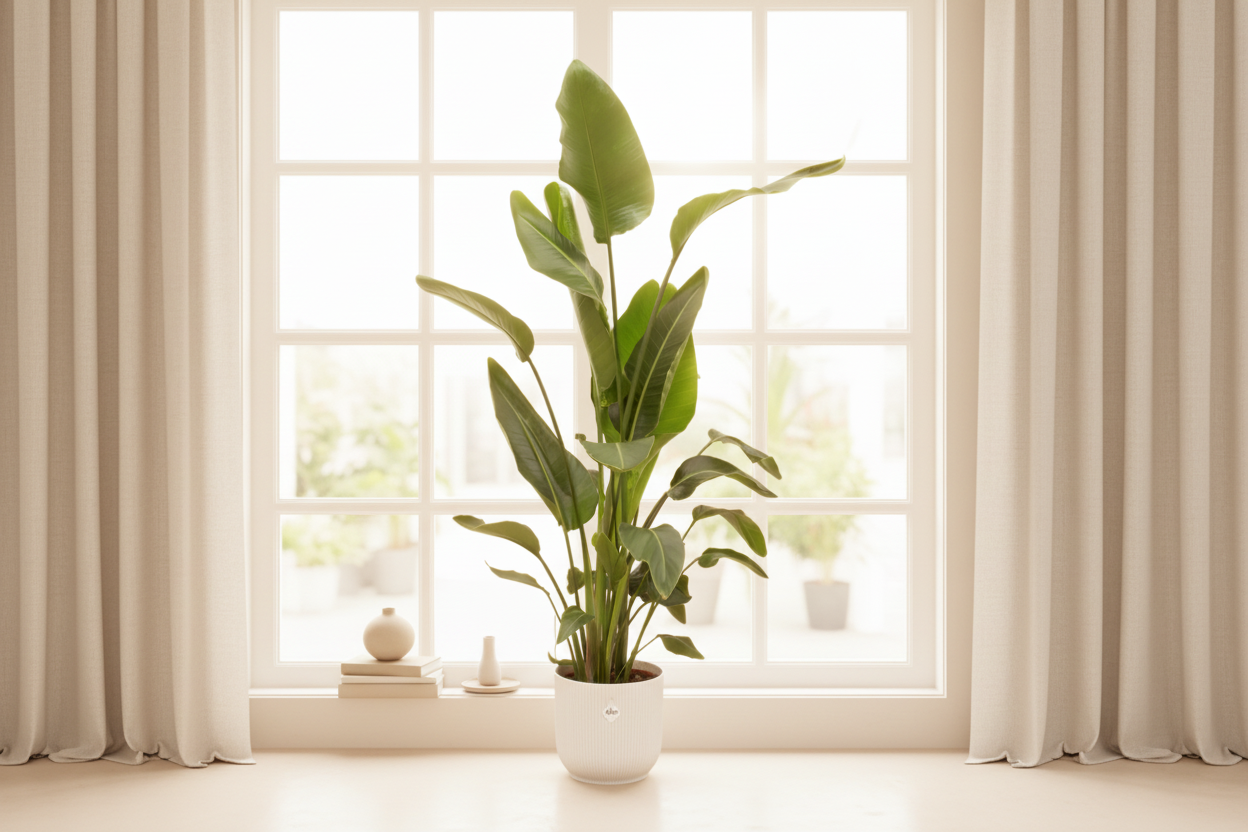 Combi deal - Strelitzia Nicolai inclusief elho Vibes Fold Round wit Ø30 - 160 cm