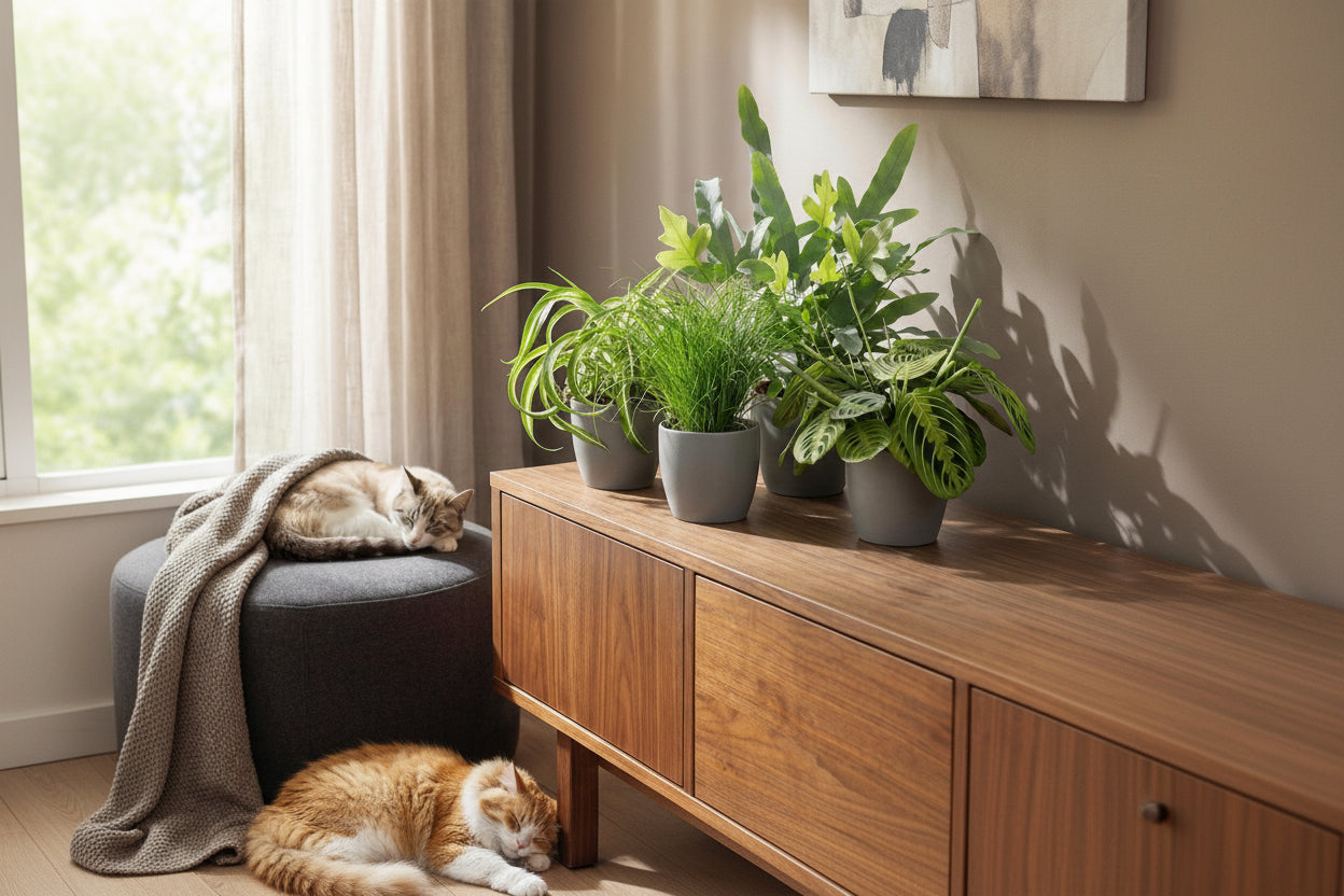 Kamerplant mix van 4 stuks- Chlorophytum - Cyperus - Phlebodium - Marantha - Mix van 4 - Huisdiervriendelijke Planten - Groen - 4 Planten - Pot 12cm - Hoogte 25cm