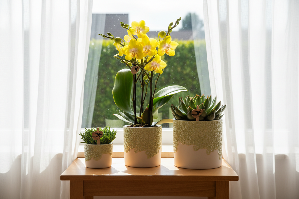Plantenset Bloom Green | Gele Albenga orchidee 9cm + groene planten incl. sierpotten