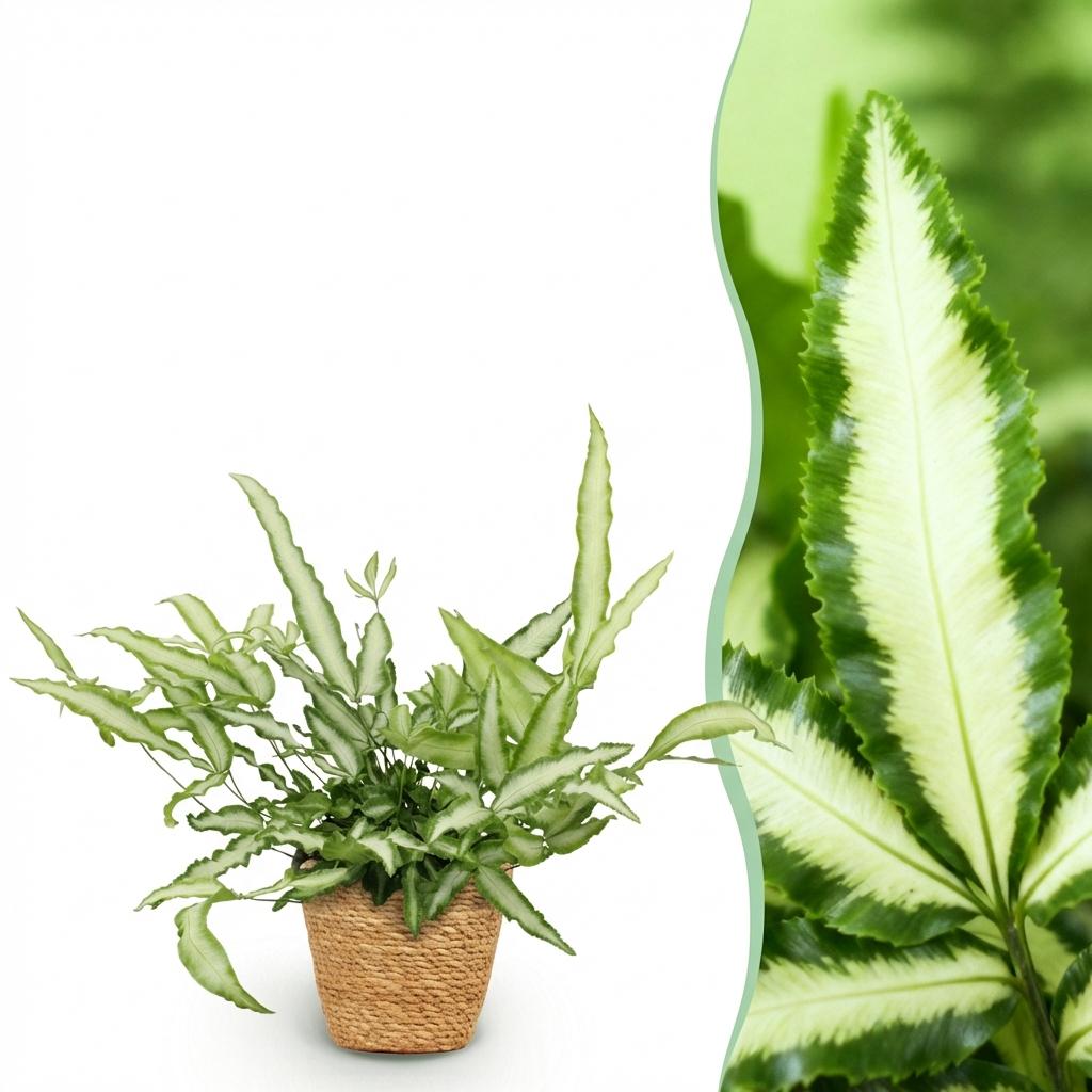 Pteris cretica Albolineata - Lintvaren - Huisdiervriendelijke Plant - Groen - 1 Plant - met Mand - Pot 12cm - Hoogte 20cm
