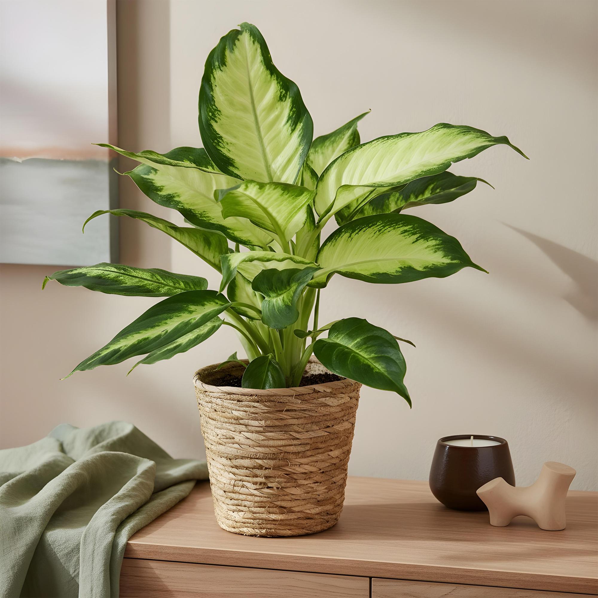 Diefenbachia Camilla - Dieffenbachia - Weinig onderhoud - met mand - Groen - 1 Plant - Pot 17cm - Hoogte 45-50cm