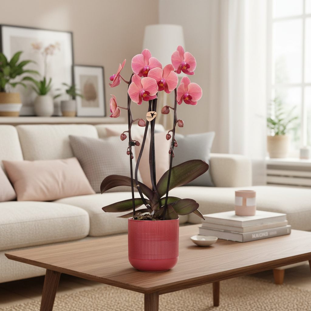Narbonne Niagara Falls orchidee + Flare pot rood – potmaat Ø12 cm | bloeiende kamerplant – vers van de kweker