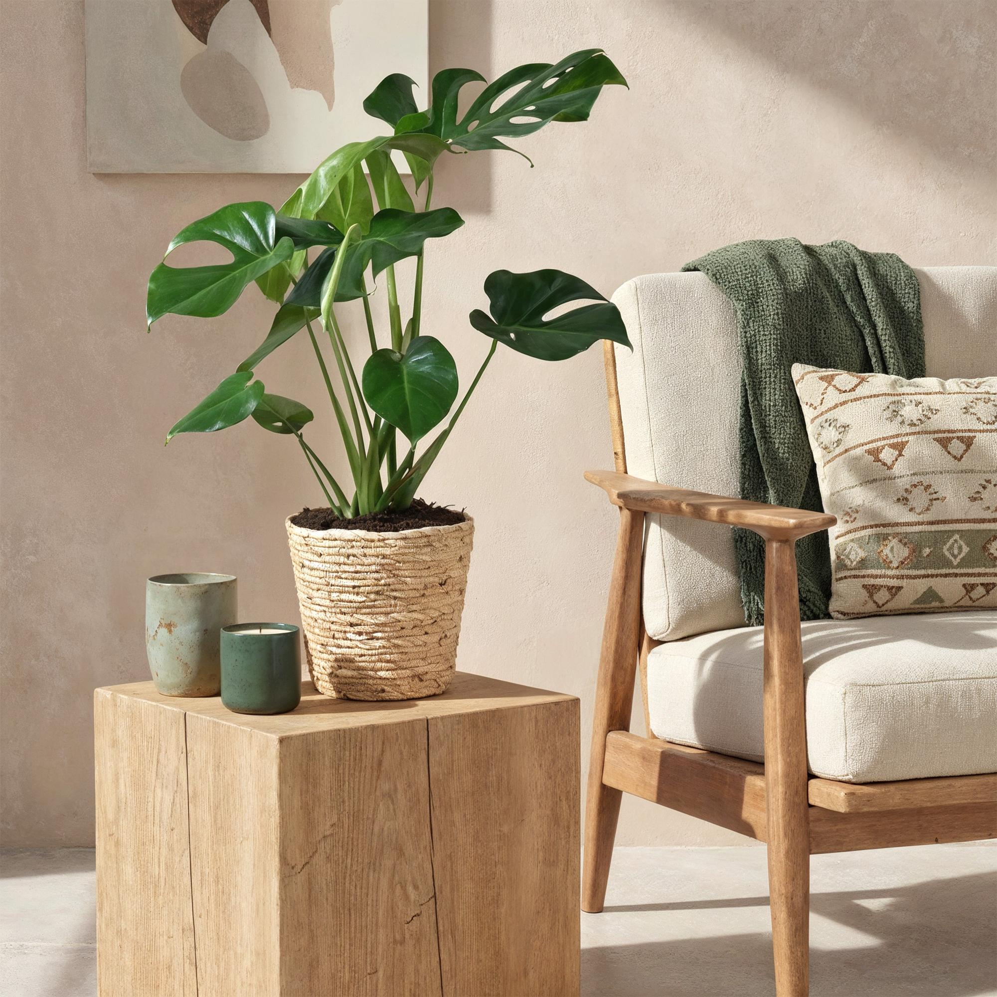 Monstera Deliciosa - Gatenplant - Weinig onderhoud - met mand - Groen - 1 Plant - Pot 21cm - Hoogte 70-80cm