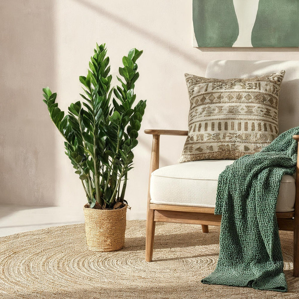Zamioculcas - ZZ-plant - Weinig onderhoud - met mand - Groen - 1 Plant - Pot 21cm - Hoogte 80-90cm
