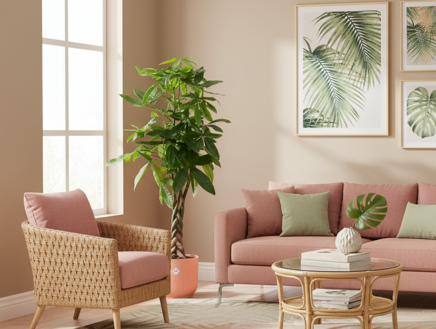 Combi deal - Pachira Aquatica inclusief elho Vibes Fold Round roze Ø30 - 160 cm