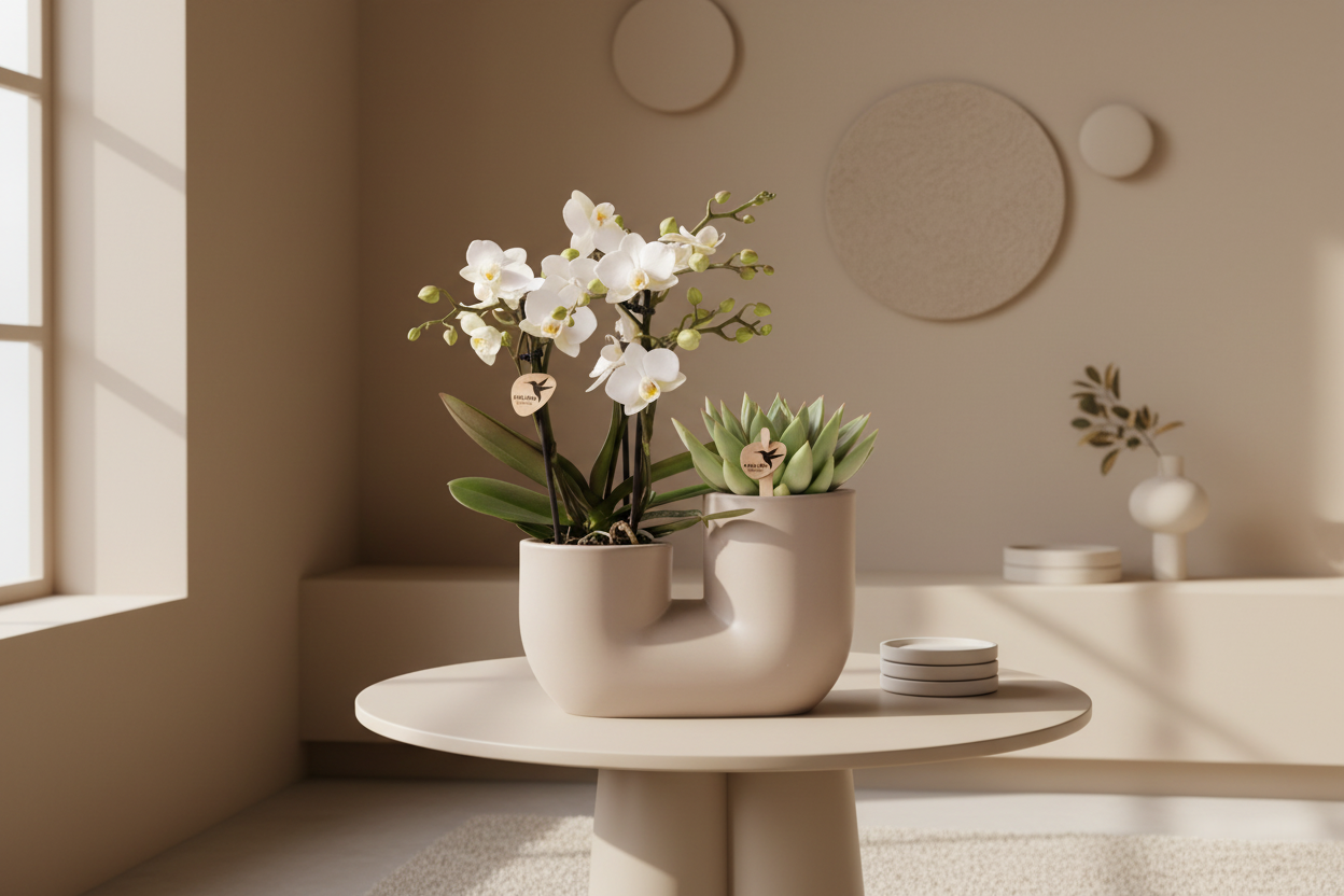 Set van witte orchidee Zürich en Succulent in Tube sierpot Sand - potmaat Ø9cm | bloeiende kamerplant - vers van de kweker