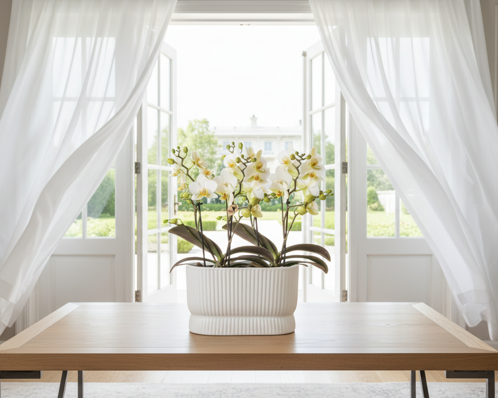 Witte orchideeënset in Diabolo Twin sierpot | 2 x witte Lausanne orchideeën Ø9cm