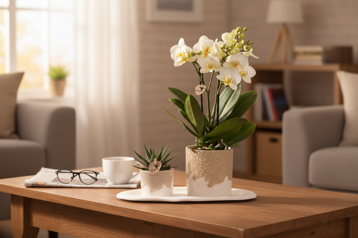 Giftset Bloom Sand | Witte Lausanne orchidee Ø9cm + groene plant Ø6cm – incl. keramieke sierpotten & wit dienblad – vers van de kweker