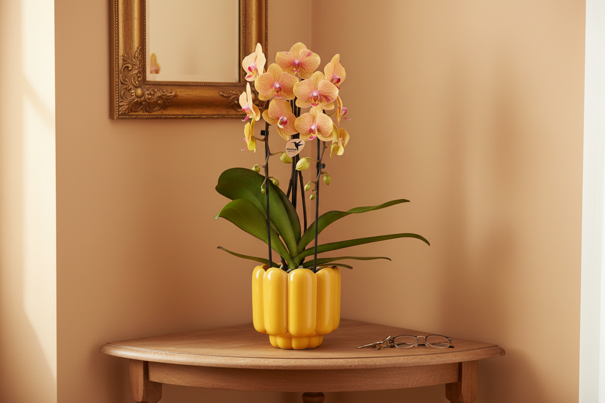 Sunny Bunny orchidee geel/roze + Retro oker sierpot – potmaat Ø12cm | bloeiende kamerplant – vers van de kweker
