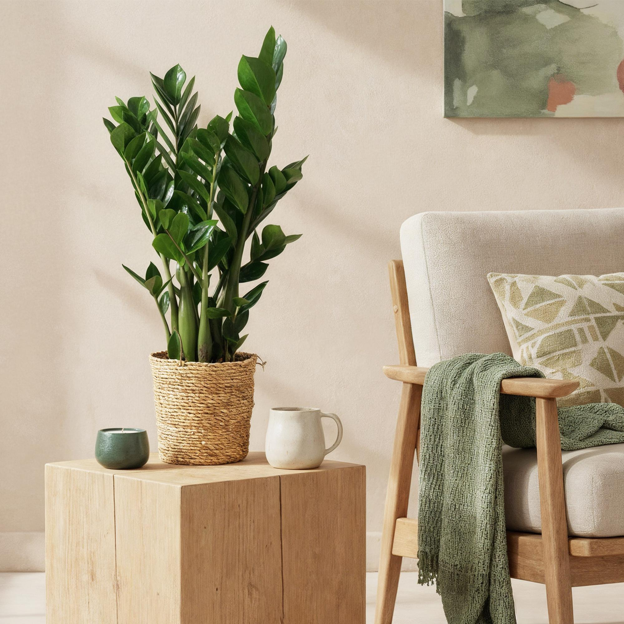 Zamioculcas - ZZ-plant - Weinig onderhoud - met mand - Groen - 1 Plant - Pot 17cm - Hoogte 65-75cm