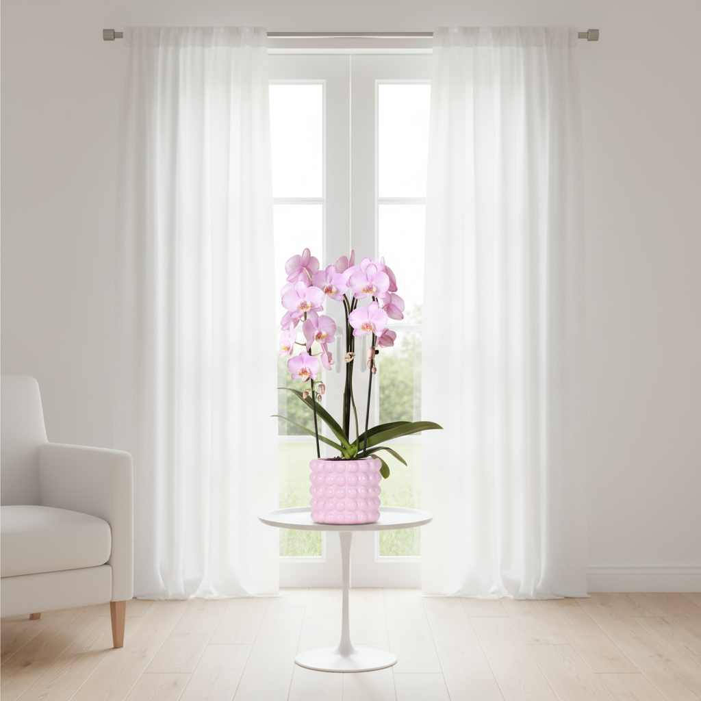 Roze Niagara Falls orchidee + Poppy roze sierpot – potmaat Ø12cm | bloeiende kamerplant – vers van de kweker
