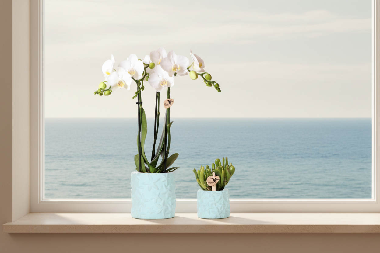 Witte Phalaenopsis Orchidee Amabilis en Succulent incl. keramieken sierpotten