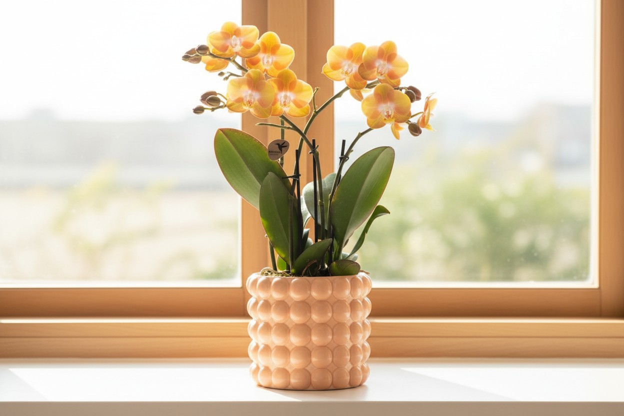 Las Vegas orchidee oranje/geel + Poppy Peach sierpot – potmaat Ø12cm | bloeiende kamerplant – vers van de kweker
