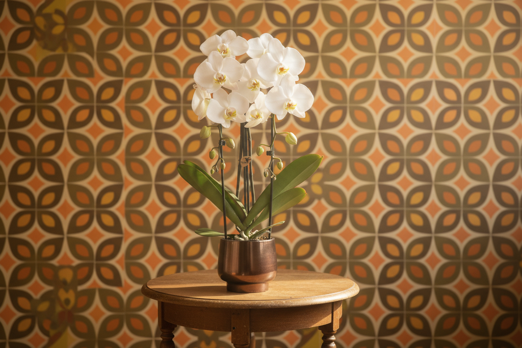Scandic Copper pot Ø12cm met witte Niagara Falls orchidee – vers van de kweker