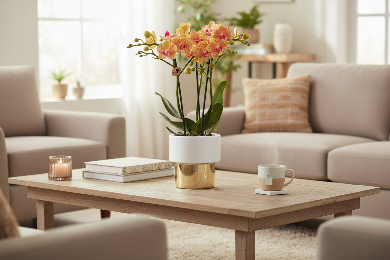 witte Phalaenopsis orchidee – Jamaica + Lush pot – potmaat Ø9cm | bloeiende kamerplant in bloempot - vers van de kweker